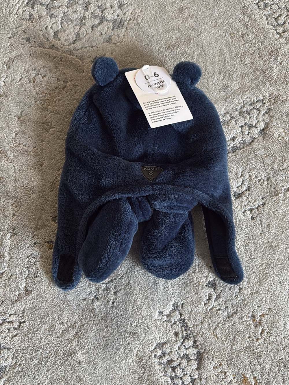 KOMBI Navy Plush Earflap Baby Hat with Bear Ears